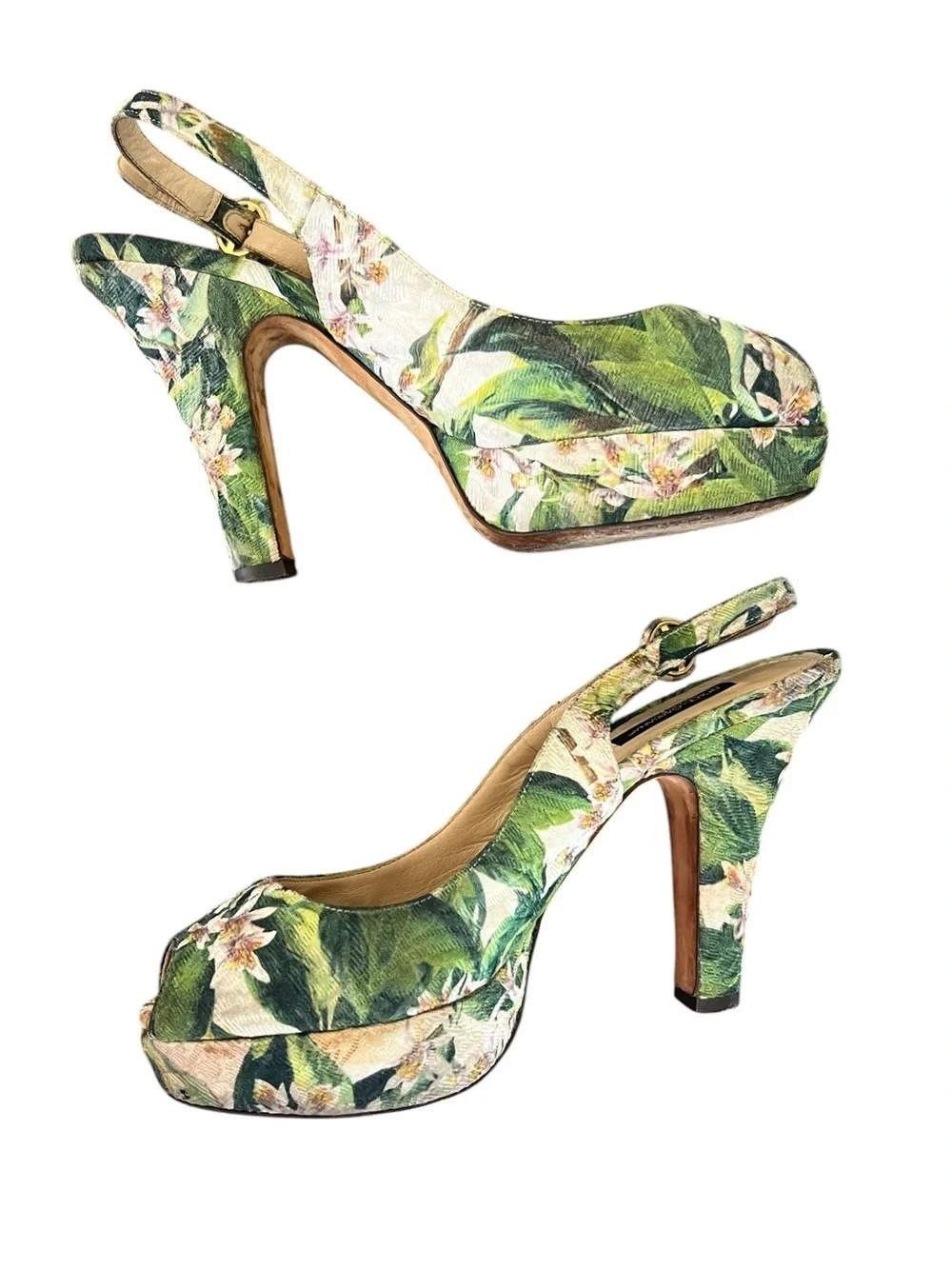 Dolce & Gabbana Women’s Green Floral Cloth Jaquard Y2K Peep Toe Heels Size 39